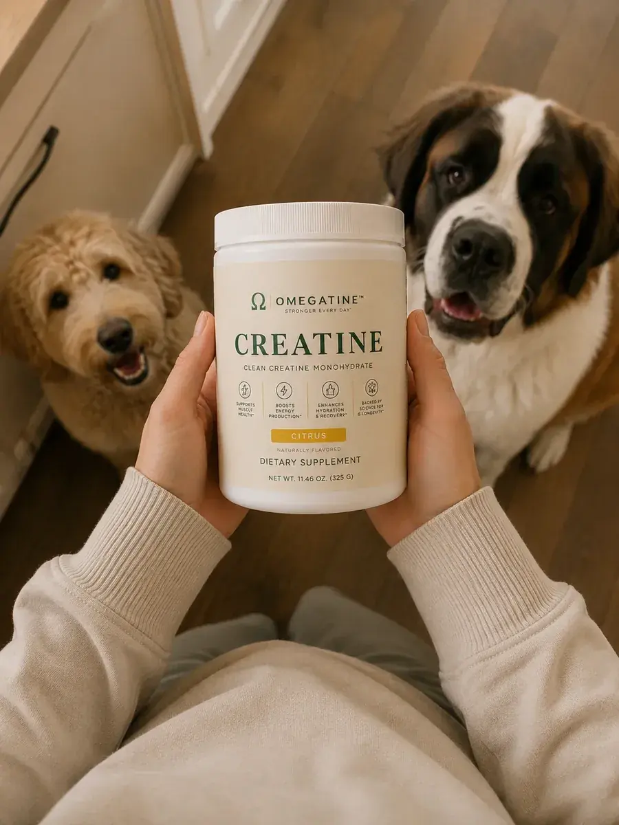 OMEGATINE creatine lifestyle with dogs outdoors