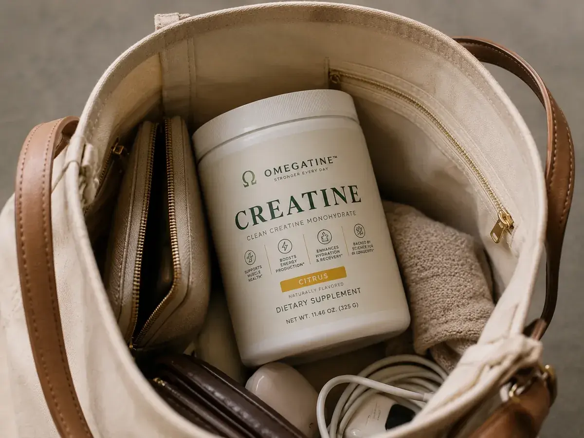 OMEGATINE creatine tub packed in gym bag