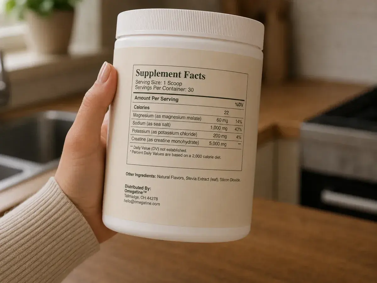 OMEGATINE creatine tub on kitchen counter with ingredients