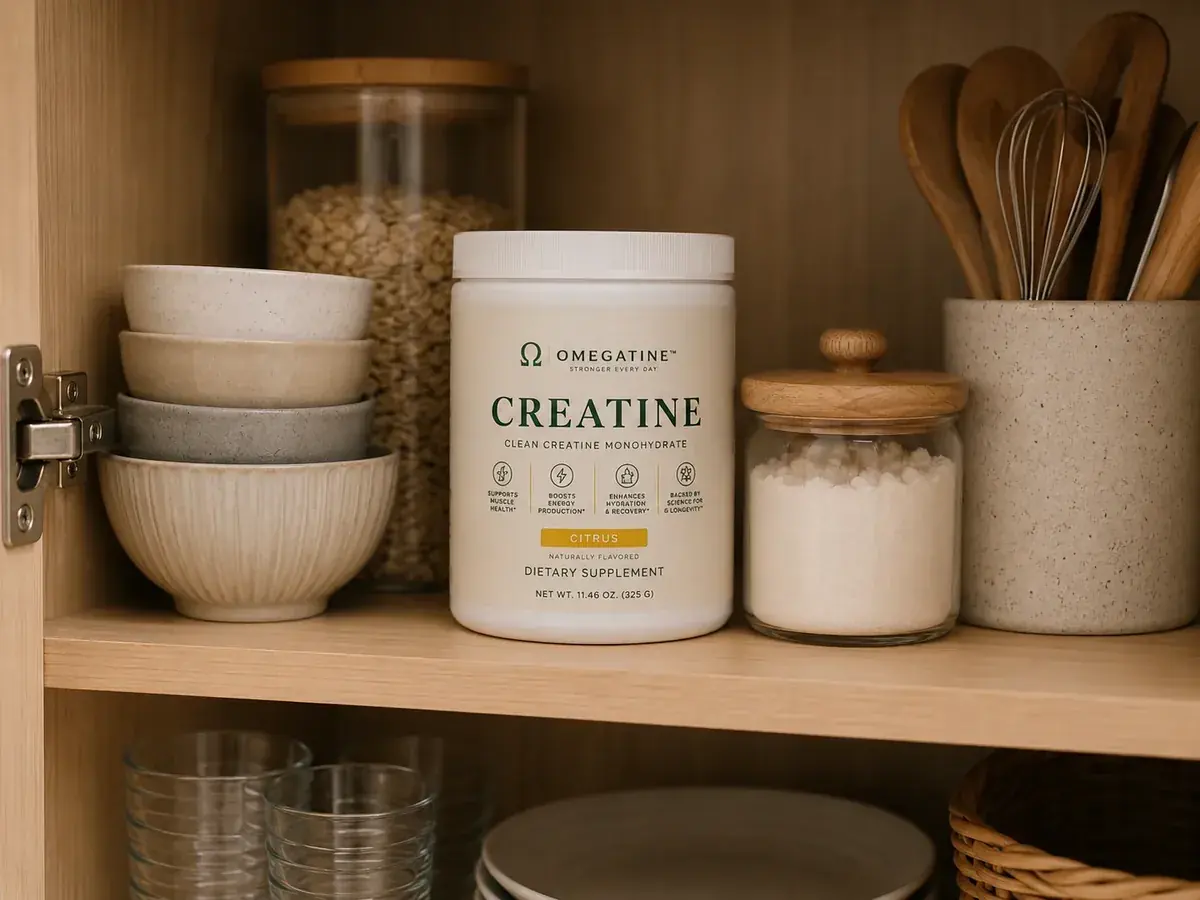 OMEGATINE creatine tub in pantry shelf