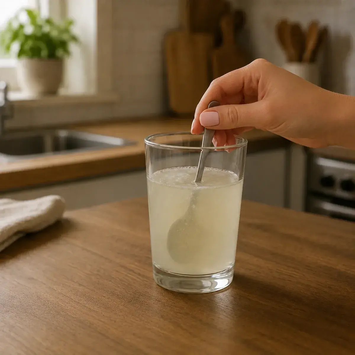 Stirring OMEGATINE creatine powder into glass